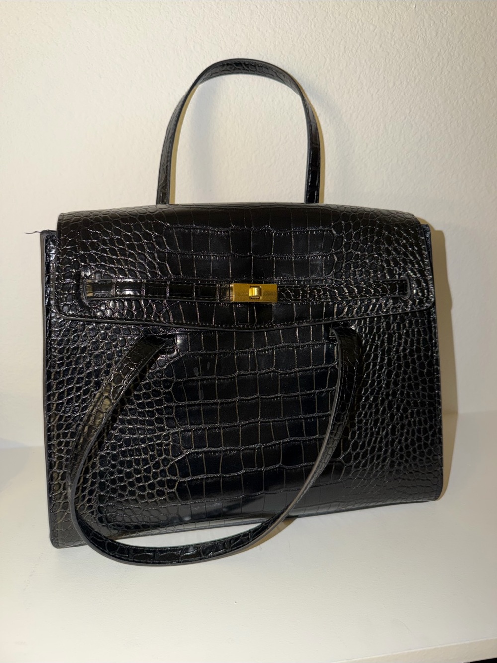 Mango Black Croc-Embossed Structured Shoulder Bag with Gold-Tone Accent